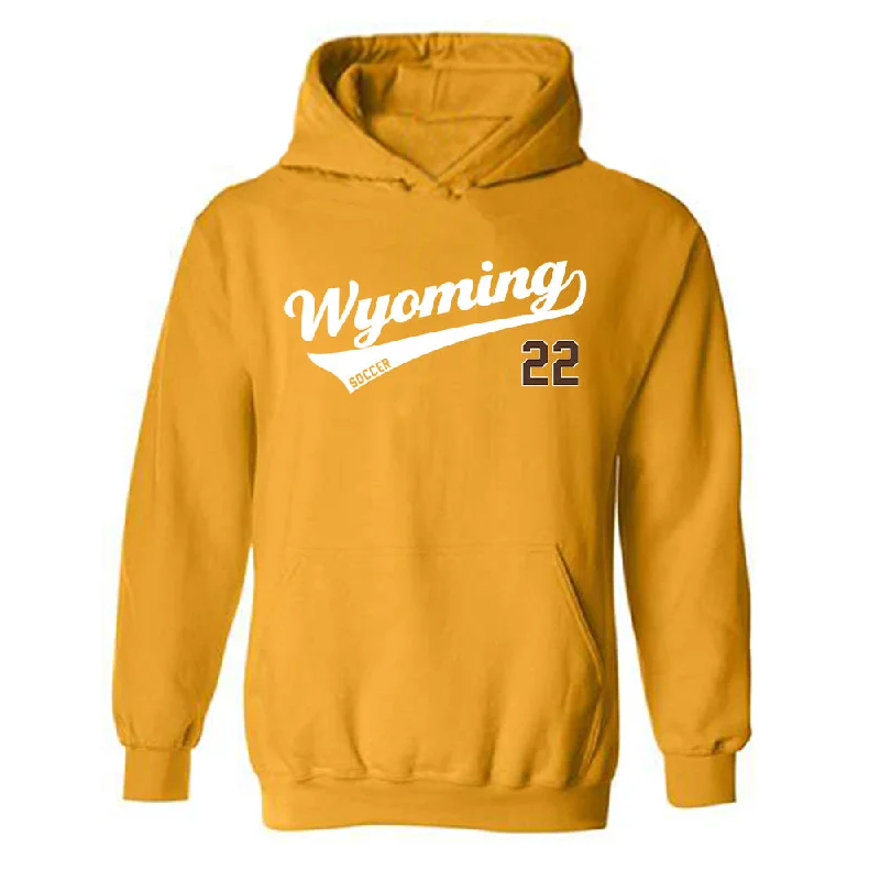 Wyoming - NCAA Women's Soccer : Lily Brongo - Gold Classic Shersey Hooded Sweatshirt Hoodie with Slit Hem Functional Movement Wyoming - NCAA Women's Soccer : Lily Brongo - Gold Classic Shersey Hooded Sweatshirt Hoodie with Slit Hem Functional Movement