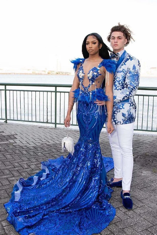 Royal Blue Sequin Feather Sheer Mermaid Made-to-Order Prom Dress Tunics Formal black Royal Blue Sequin Feather Sheer Mermaid Made-to-Order Prom Dress Tunics Formal black