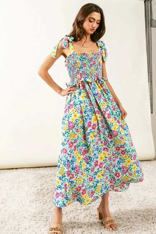 Blue Zone Planet | BiBi Floral Ruffle Trim Smocked Cami Dress Pencil Office Professional Blue Zone Planet | BiBi Floral Ruffle Trim Smocked Cami Dress Pencil Office Professional