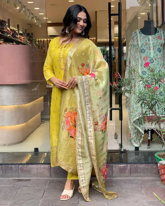 NOZ2TOZ Women Party Wear Embroidery Worked Kurta With Pant And Dupatta Set - Yellow Formal Stretch Pants