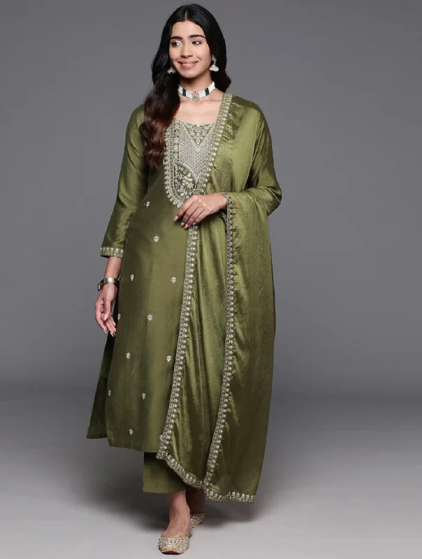 NOZ2TOZ Women Party Wear Embroidery Worked Kurta With Pant And Dupatta Set - Mahendi Trendy Wide-Legged Trousers NOZ2TOZ Women Party Wear Embroidery Worked Kurta With Pant And Dupatta Set - Mahendi Trendy Wide-Legged Trousers