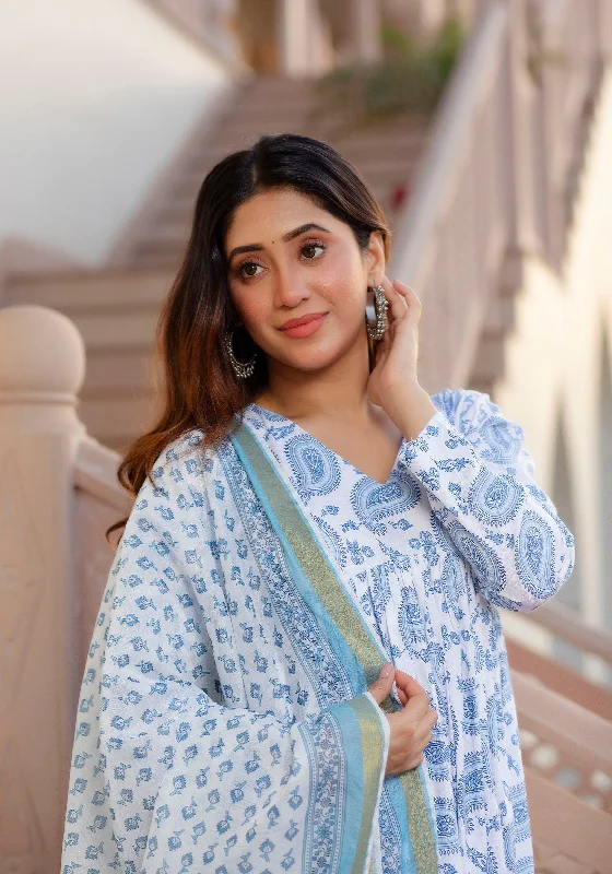 NOZ2TOZ Women Sky Blue Printed Viscose Rayon Kurta, Pant And Dupatta Set Casual Wide Pants NOZ2TOZ Women Sky Blue Printed Viscose Rayon Kurta, Pant And Dupatta Set Casual Wide Pants