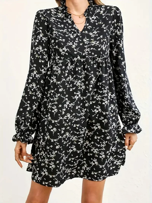 Blue Zone Planet |  Ditsy Floral Notched Flounce Sleeve Dress Tunics Canvas sturdy