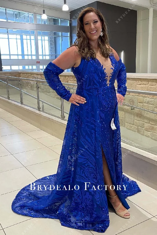 Removable Long Sleeve Sparkly Royal Blue Sequin Pageant Dress sweetheart Neckline Romantic