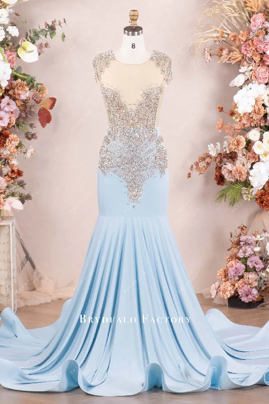 Sparkly Rhinestone Sky Blue Jersey Mermaid Prom Dress Tunics Solid Classic