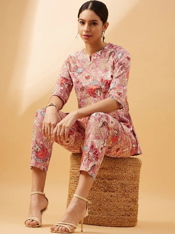 NOZ2TOZ Women Party Wear Flower Printed Co-Ord Set With Pant - Onion Pink Fashionable Jogger Pants NOZ2TOZ Women Party Wear Flower Printed Co-Ord Set With Pant - Onion Pink Fashionable Jogger Pants
