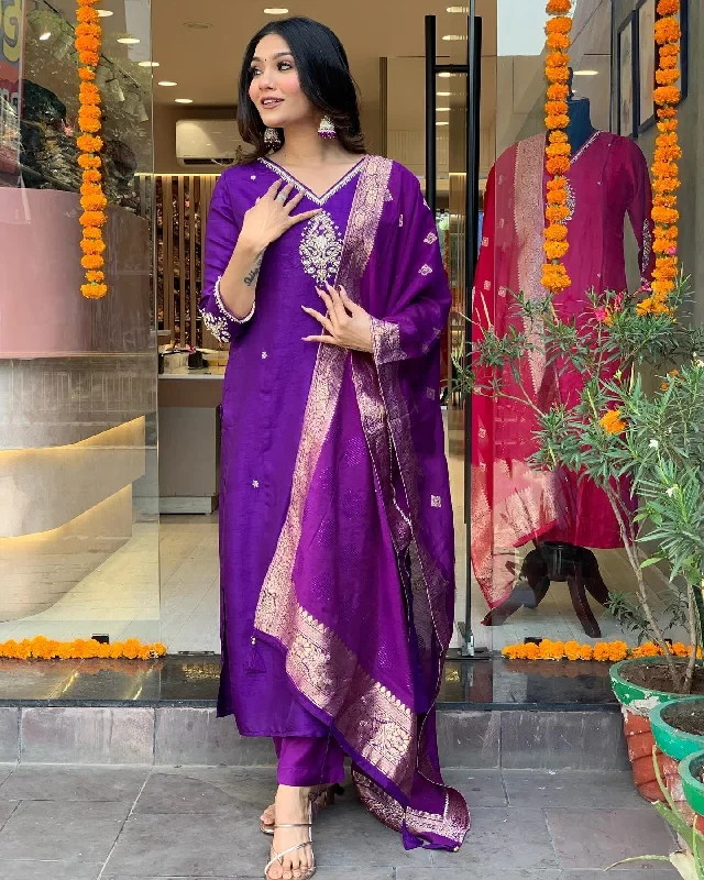NOZ2TOZ Women Party Wear Embroidery Worked Kurta With Pant And Dupatta Set - Purple Cozy Maternity Pants NOZ2TOZ Women Party Wear Embroidery Worked Kurta With Pant And Dupatta Set - Purple Cozy Maternity Pants