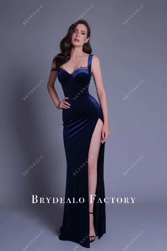 Navy Blue Velvet Sexy Slit Floor Length Formal Dress Tunics Denim casual