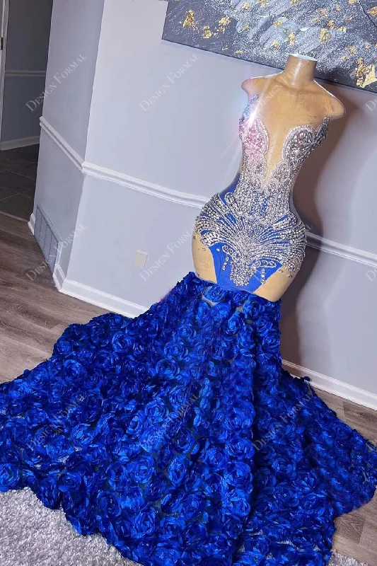 Rhinestone Plunging Royal Blue 3D Roses Handmade Mermaid Prom Dress Tunics Summer linen Rhinestone Plunging Royal Blue 3D Roses Handmade Mermaid Prom Dress Tunics Summer linen
