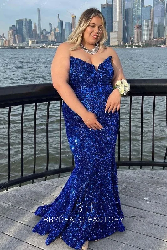 Plus Size Strapless Sequins Royal Blue Sparkly Mermaid Prom Dress Tunics Trendy modern Plus Size Strapless Sequins Royal Blue Sparkly Mermaid Prom Dress Tunics Trendy modern