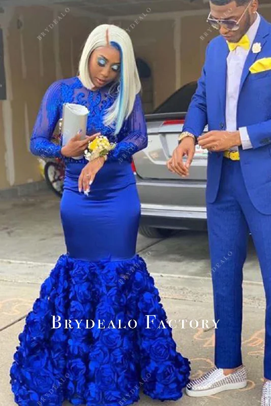 Royal Blue Sequin Long Sleeve Floor Length Trumpet 3D Roses Prom Dress Tunics Gym athletic Royal Blue Sequin Long Sleeve Floor Length Trumpet 3D Roses Prom Dress Tunics Gym athletic
