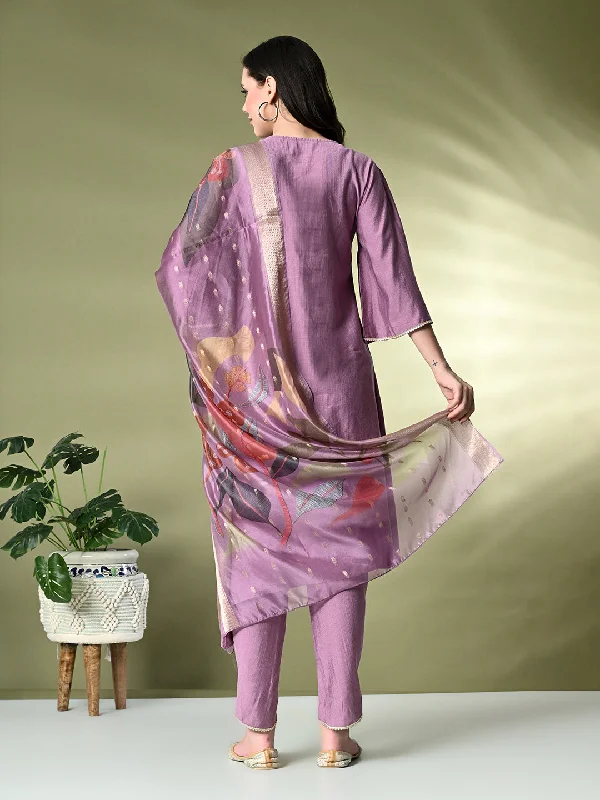 Myshka Women's Embroidered V-Neck Bell Sleeves Kurta & Dhoti Pants With Printed Dupatta Sets in Lavender Color Formal Dress Pants