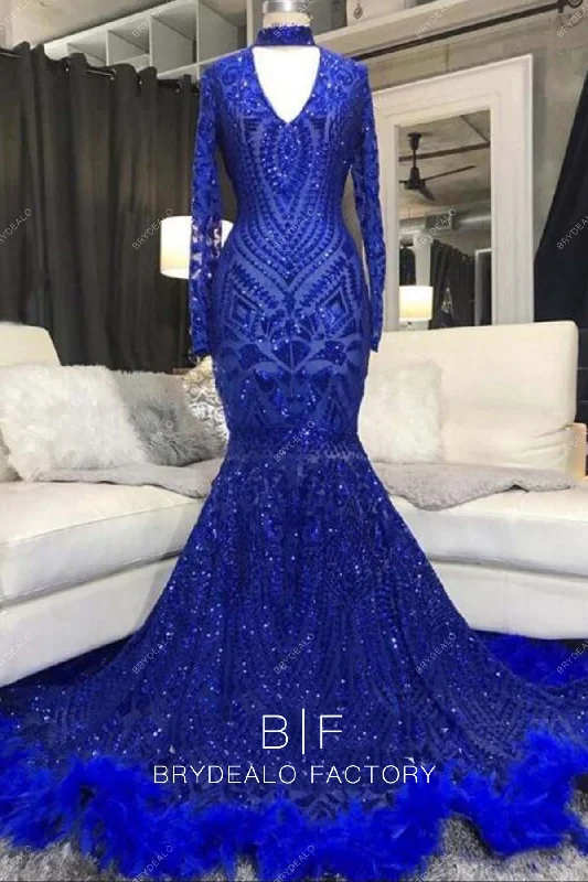 Royal Blue Sequin Choker Neck Feathered Mermaid Prom Dress Tunics Exclusive limited