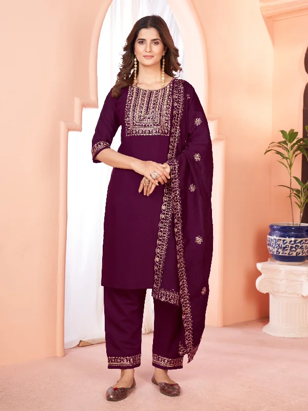 NOZ2TOZ Women Party Wear Embroidery Worked Kurta With Pant And Dupatta Set - Wine Stylish Casual Pants NOZ2TOZ Women Party Wear Embroidery Worked Kurta With Pant And Dupatta Set - Wine Stylish Casual Pants