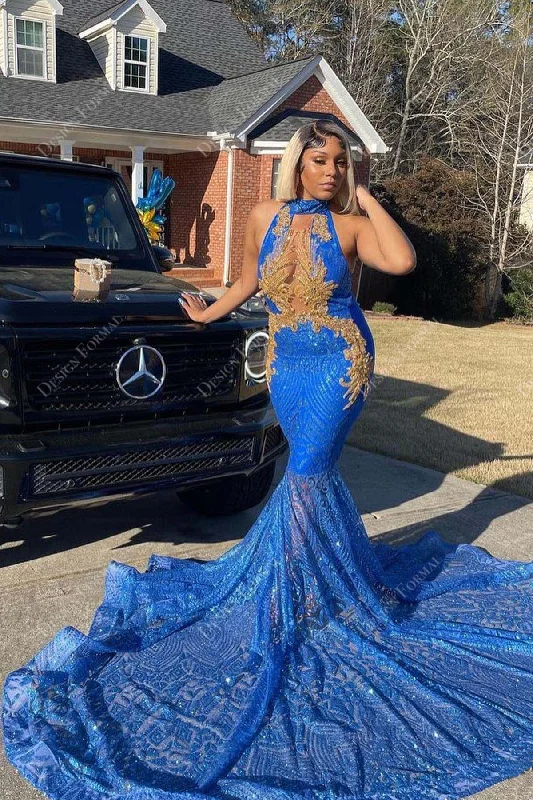 Gold Applique Royal Blue Sequin Long Train Tailor Made Mermaid Dress Tunics Stylish elegant Gold Applique Royal Blue Sequin Long Train Tailor Made Mermaid Dress Tunics Stylish elegant