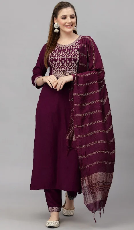 NOZ2TOZ Women Party Wear Printed Rayon Kurta With Pant And Dupatta Set - Wine Elegant Trouser Pants NOZ2TOZ Women Party Wear Printed Rayon Kurta With Pant And Dupatta Set - Wine Elegant Trouser Pants