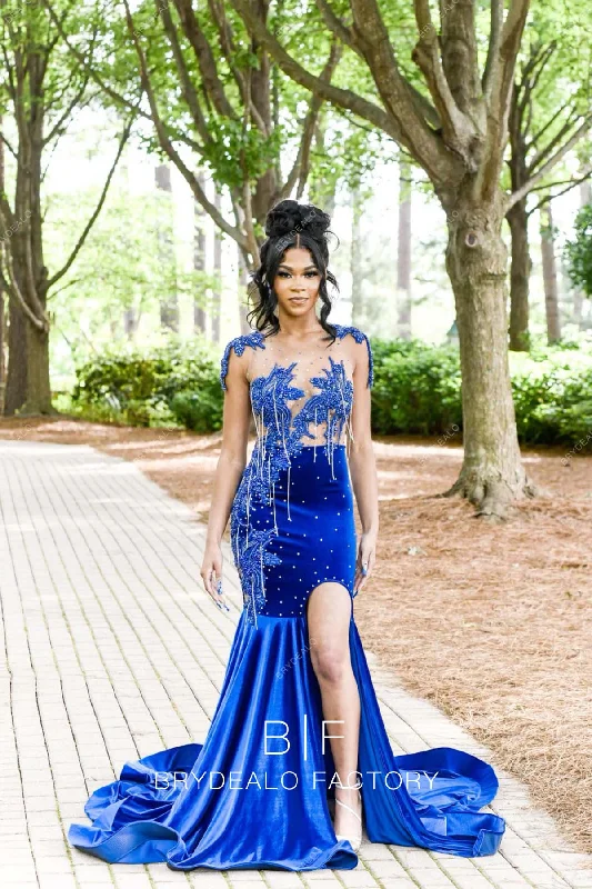 Royal Blue Beaded Appliques Mermaid Velvet Slit Long Train Prom Dress Tunics Spring floral Royal Blue Beaded Appliques Mermaid Velvet Slit Long Train Prom Dress Tunics Spring floral