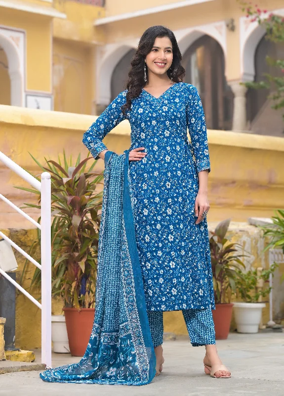NOZ2TOZ Women Blue Printed Viscose Rayon Kurta, Pant And Dupatta Set Cozy Lounge Pants NOZ2TOZ Women Blue Printed Viscose Rayon Kurta, Pant And Dupatta Set Cozy Lounge Pants