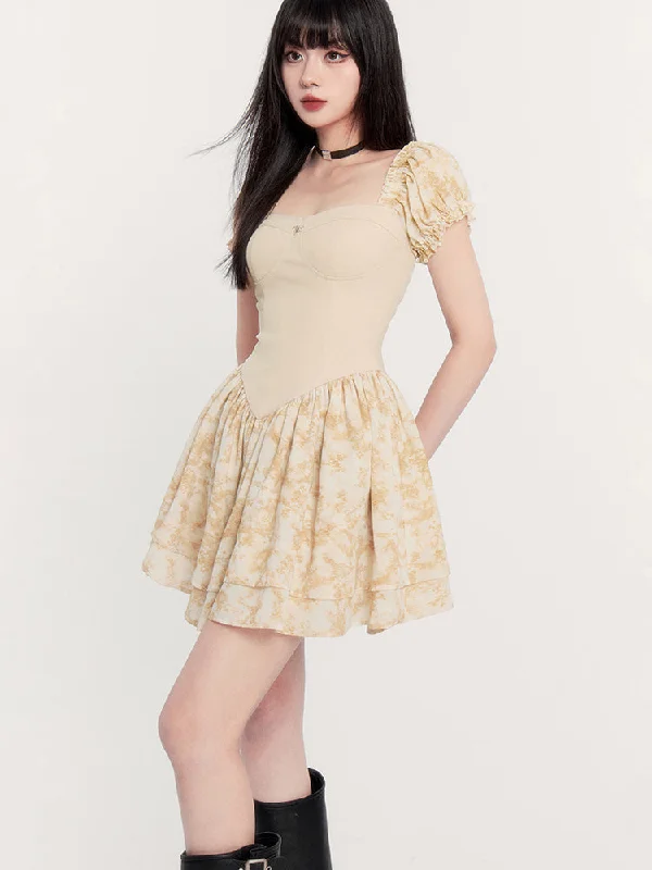 Vintage Puff Sleeve Mini Dress Elegant Mini Dress with Ruffles