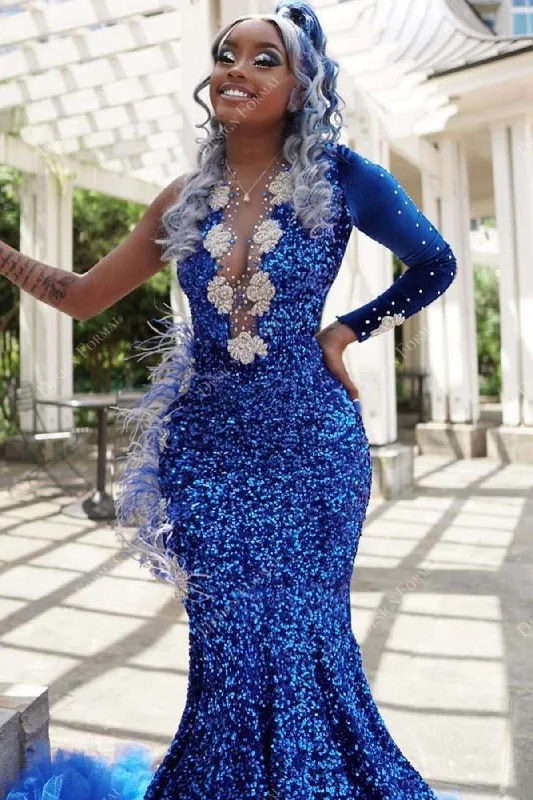 Royal Blue Sequin One Sleeve Designer Feather Mermaid Prom Dress Tunics Vintage classic Royal Blue Sequin One Sleeve Designer Feather Mermaid Prom Dress Tunics Vintage classic