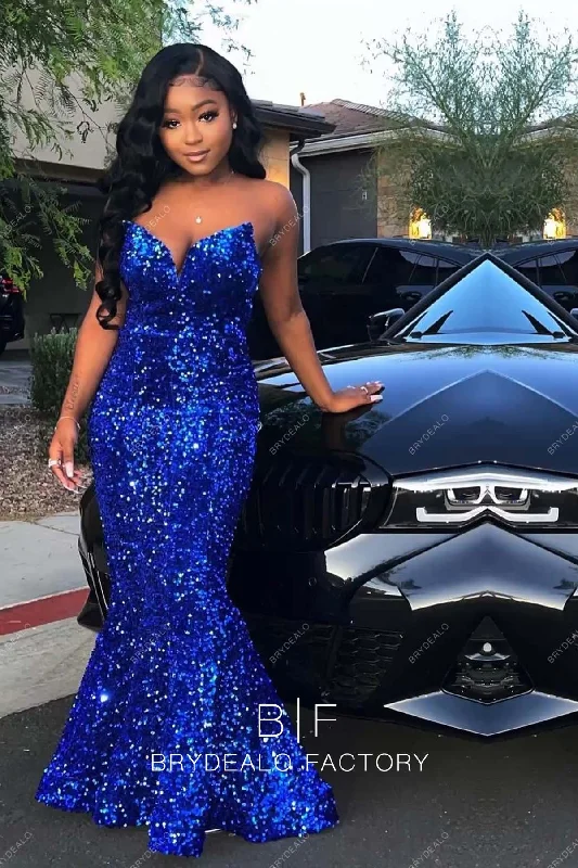 Floor Length Royal Blue Stretchy Sequins Mermaid Strapless Prom Dress Tunics Fashionable trendy Floor Length Royal Blue Stretchy Sequins Mermaid Strapless Prom Dress Tunics Fashionable trendy