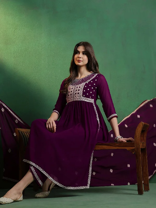 NOZ2TOZ Women Party Wear Embroidery Worked Kurta With Pant And Dupatta Set - Purple Classic Stretch Pants NOZ2TOZ Women Party Wear Embroidery Worked Kurta With Pant And Dupatta Set - Purple Classic Stretch Pants
