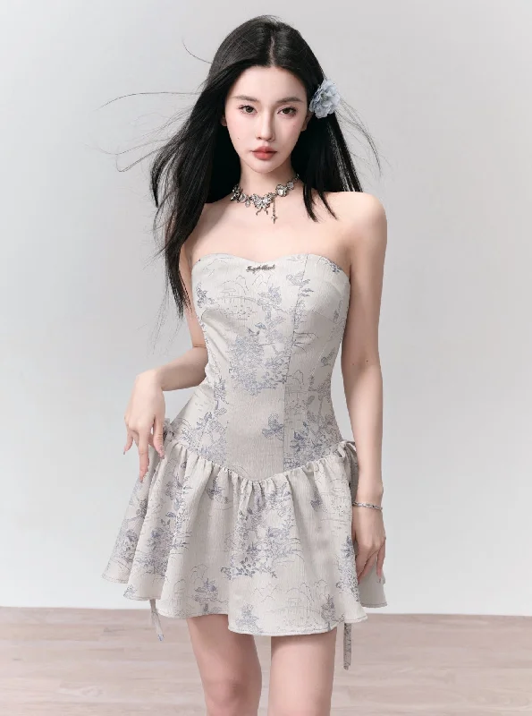 Enchanted Garden Strapless Mini Dress: Ivory Floral Jacquard with Side Bow Details Elegant Sequin Mini Dress Enchanted Garden Strapless Mini Dress: Ivory Floral Jacquard with Side Bow Details Elegant Sequin Mini Dress