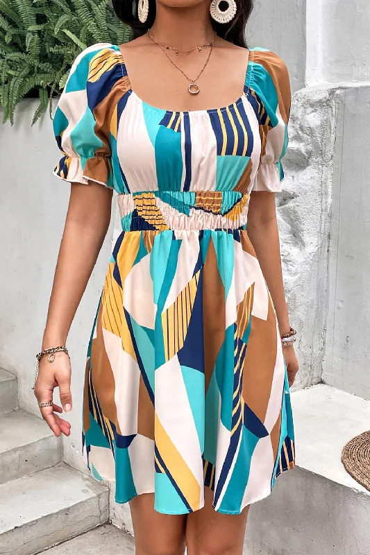 Printed Smocked Waist Flounce Sleeve Dress Tunics New arrival