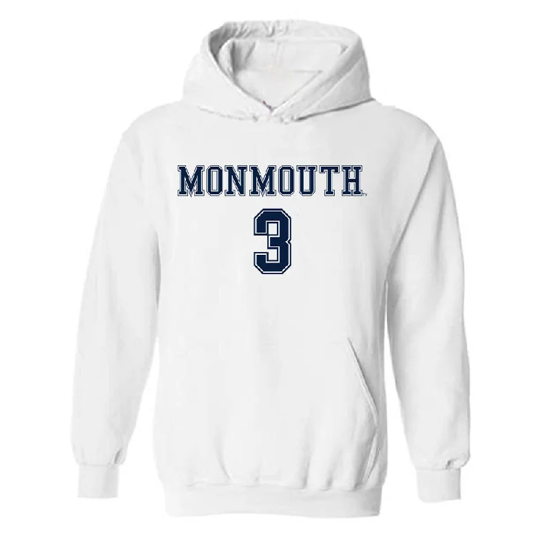 Monmouth - NCAA Women's Soccer : Maddison Perna - White Replica Shersey Hooded Sweatshirt Hoodie with Velcro Closure Adjustable Secure Monmouth - NCAA Women's Soccer : Maddison Perna - White Replica Shersey Hooded Sweatshirt Hoodie with Velcro Closure Adjustable Secure