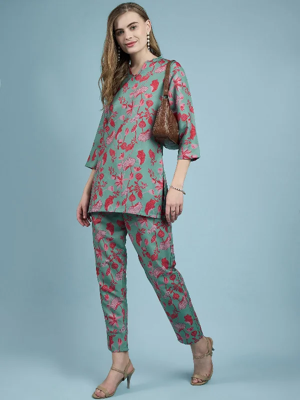 NOZ2TOZ Women Party Wear Flower Printed Co-Ord Set With Pant - Rama Formal Slim Pants NOZ2TOZ Women Party Wear Flower Printed Co-Ord Set With Pant - Rama Formal Slim Pants