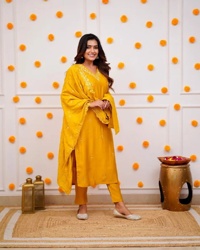 NOZ2TOZ Women Party Wear Embroidery Worked Kurta With Pant And Dupatta Set - Mustard Comfortable Pleated Pants NOZ2TOZ Women Party Wear Embroidery Worked Kurta With Pant And Dupatta Set - Mustard Comfortable Pleated Pants