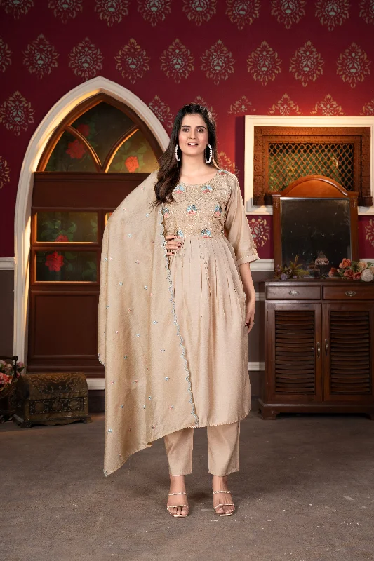 NOZ2TOZ Women Party Wear Embroidery Worked Kurta With Pant And Dupatta Set - Peach High-Waist Yoga Pants NOZ2TOZ Women Party Wear Embroidery Worked Kurta With Pant And Dupatta Set - Peach High-Waist Yoga Pants