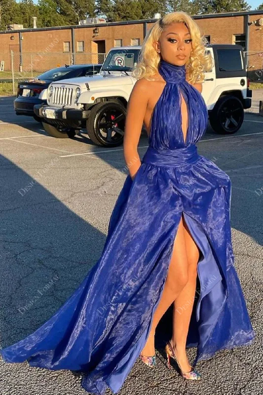 Royal Blue Organza Keyhole Halter Slit Tailor Made A-line Prom Dress Tunics Stylish modern Royal Blue Organza Keyhole Halter Slit Tailor Made A-line Prom Dress Tunics Stylish modern