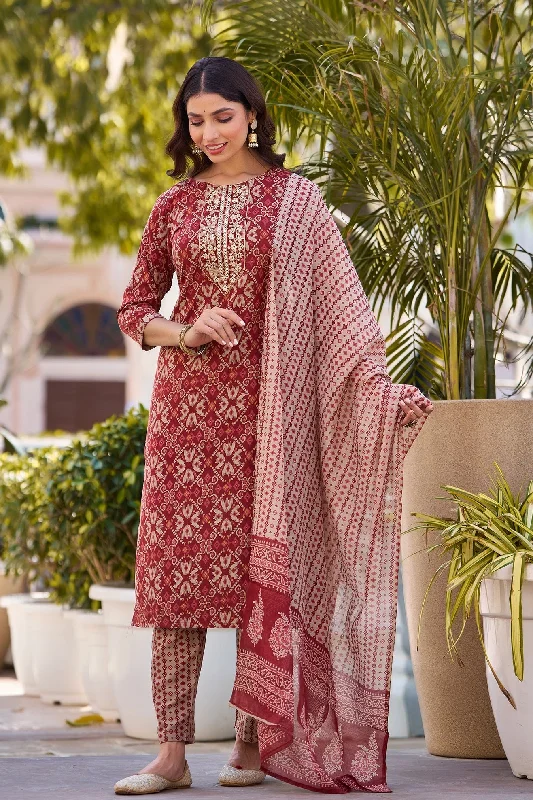 NOZ2TOZ Women Red, Beige Checkered Viscose Rayon Kurta, Pant And Dupatta Set Comfortable Denim Leggings NOZ2TOZ Women Red, Beige Checkered Viscose Rayon Kurta, Pant And Dupatta Set Comfortable Denim Leggings