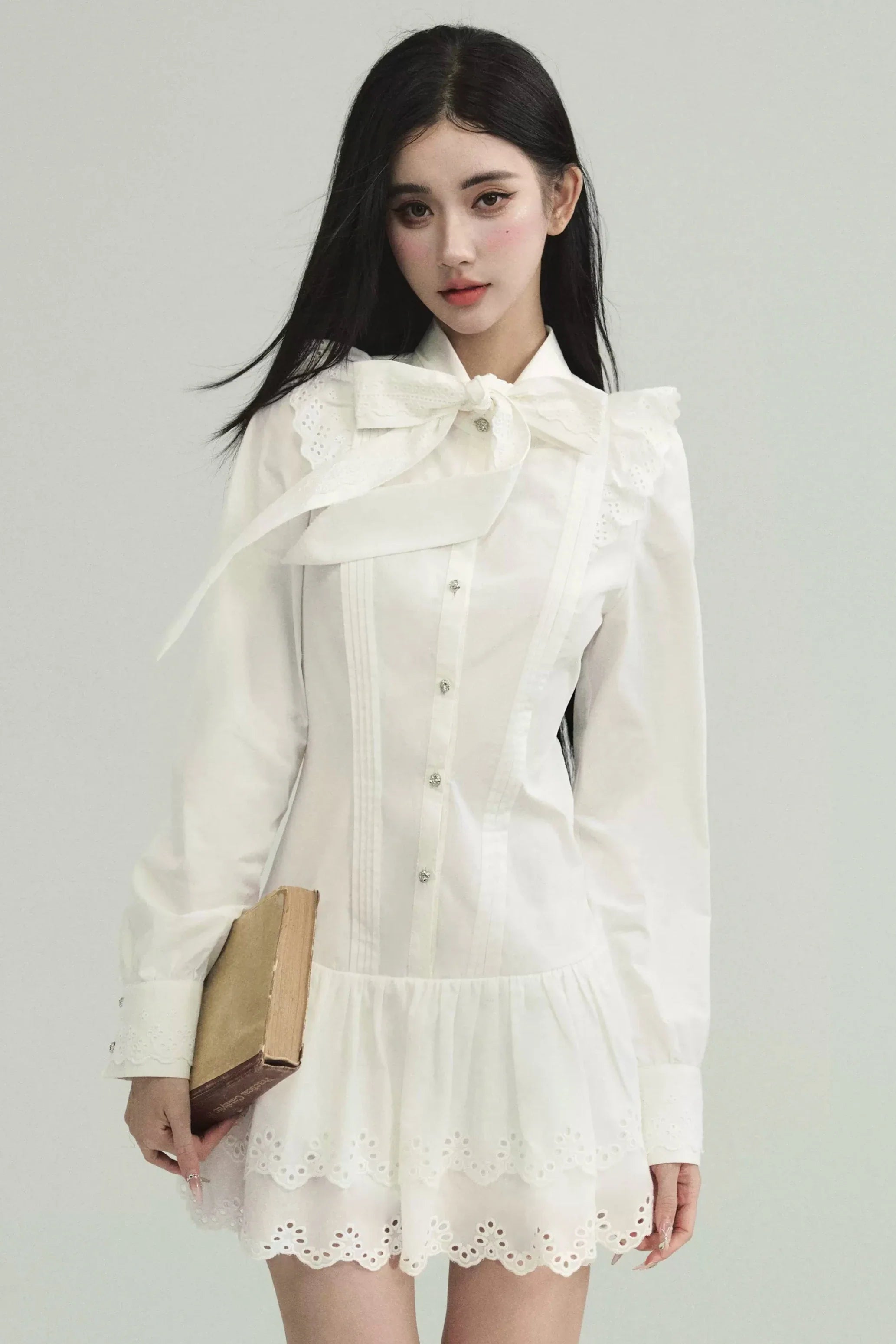 Romantic White Lace Mini Dress with Bow Tie Collar and Scalloped Hem Elegant Mini Dress with Ruffles