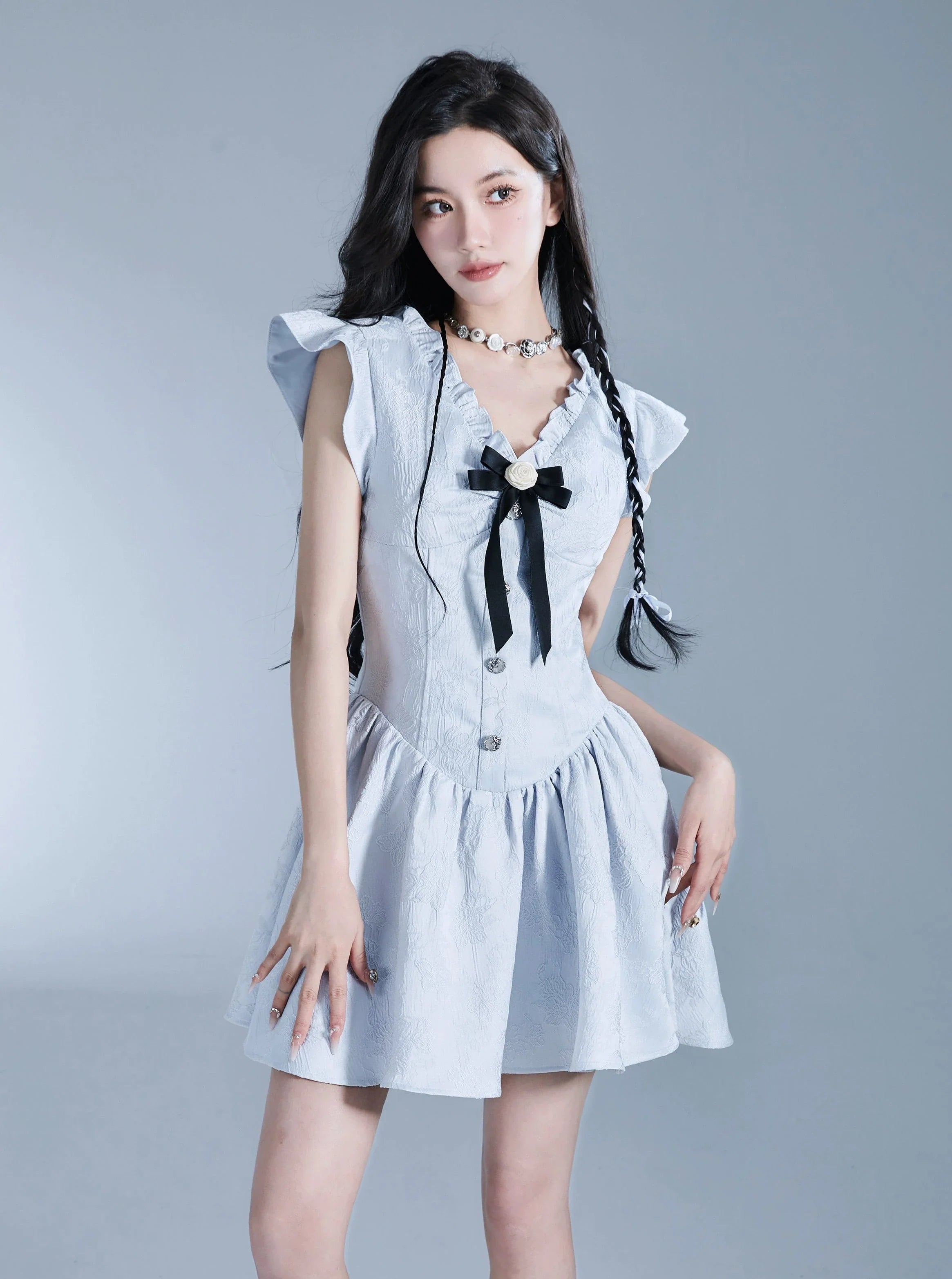 Sweet Lolita Flutter Sleeve Mini Dress with Bow Detail Cozy Jersey Mini Dress
