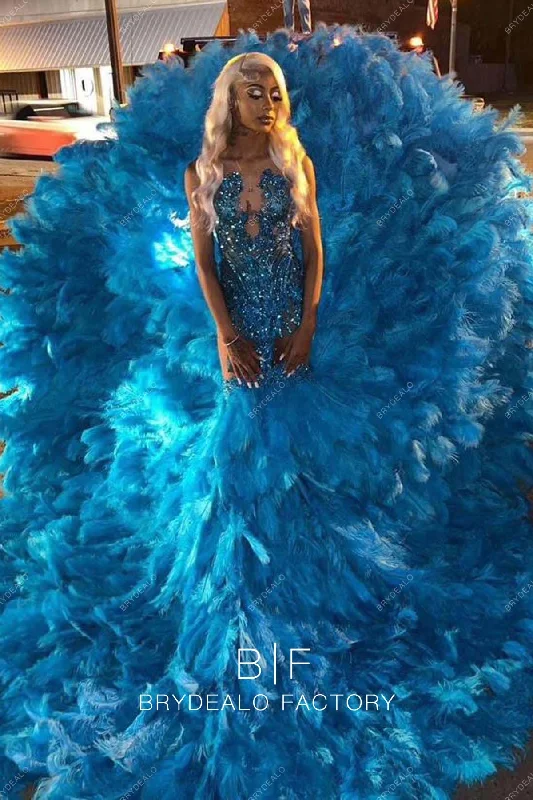 Pool Blue Big Feathers Trumpet Luxury Sequins Prom Dress Tunics Top rated