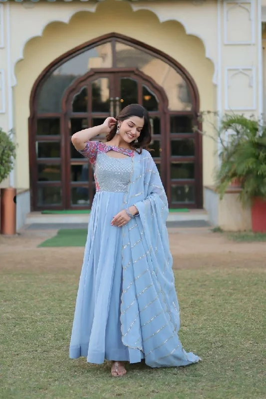Aastha Fashion Sky Faux Georgette Printed Gown With Pant Comfortable Maternity Pants