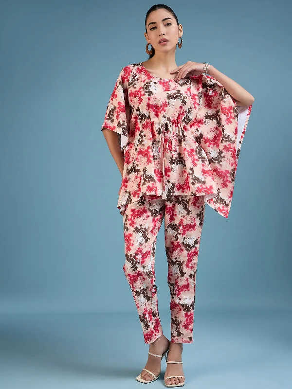 NOZ2TOZ Women Party Wear Flower Printed Co-Ord Set With Pant - Peach Casual Wide Pants NOZ2TOZ Women Party Wear Flower Printed Co-Ord Set With Pant - Peach Casual Wide Pants