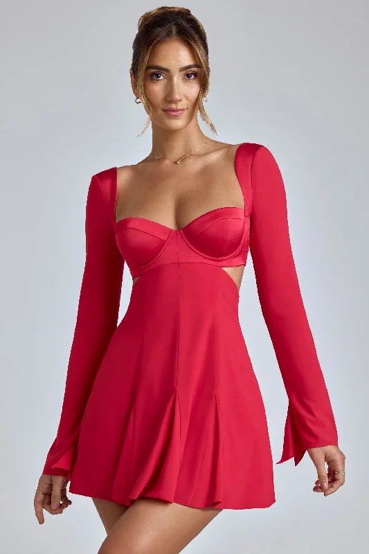 Long Sleeve Godet Mini Dress in Cherry Red Comfortable Casual Mini Dress