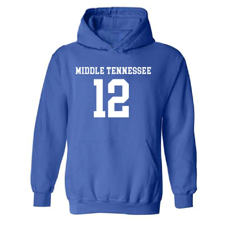 MTSU - NCAA Women's Soccer : Kadence Krempges - Royal Replica Shersey Hooded Sweatshirt Hoodie with Mock Neck Collared Structured MTSU - NCAA Women's Soccer : Kadence Krempges - Royal Replica Shersey Hooded Sweatshirt Hoodie with Mock Neck Collared Structured