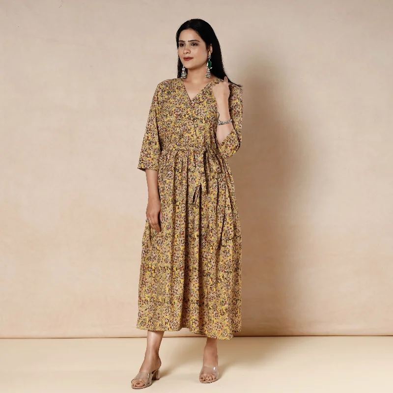 Yellow - Kalamkari Block Printed Cotton Flared Dress Tunics Travel practical
