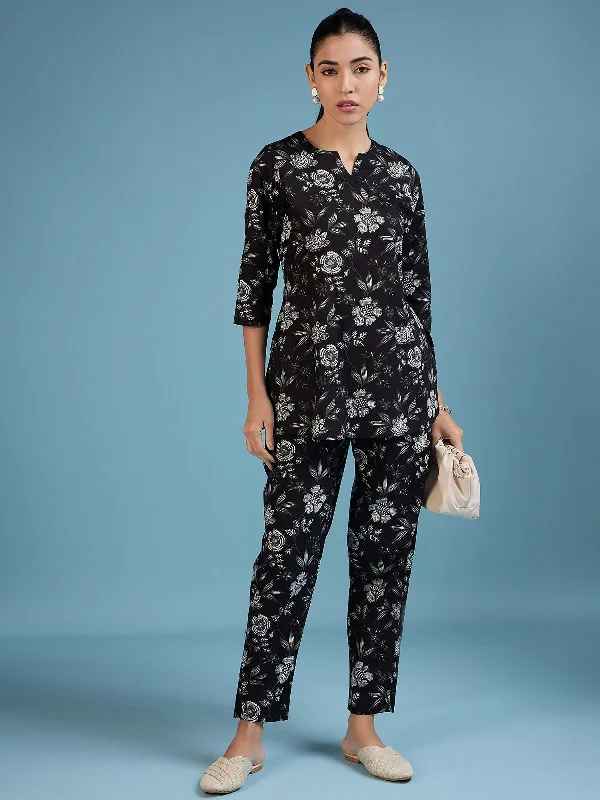 NOZ2TOZ Women Party Wear Flower Printed Co-Ord Set With Pant - Black Formal Stretch Pants