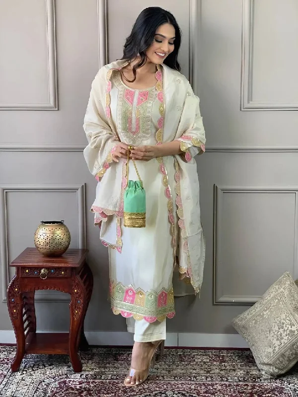 NOZ2TOZ Women Party Wear Embroidery Worked Kurta With Pant And Dupatta Set - Off White Chic Wool Trousers NOZ2TOZ Women Party Wear Embroidery Worked Kurta With Pant And Dupatta Set - Off White Chic Wool Trousers