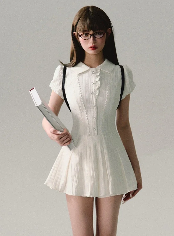Vintage Scholar Pleated Mini Dress Stylish Short-Sleeve Mini Dress