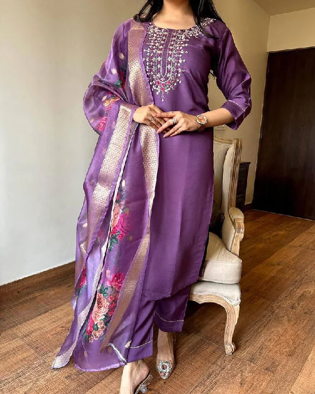 NOZ2TOZ Women Party Wear Embroidery Worked Kurta With Pant And Dupatta Set - Purple Fashionable Jogger Pants NOZ2TOZ Women Party Wear Embroidery Worked Kurta With Pant And Dupatta Set - Purple Fashionable Jogger Pants