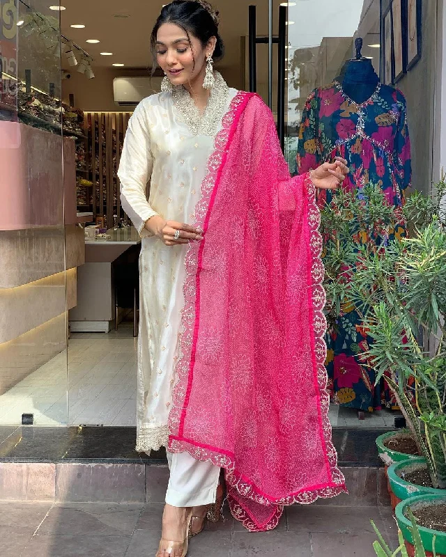 NOZ2TOZ Women Party Wear Embroidery Worked Kurta With Pant And Dupatta Set - Off White Soft Stretch Trousers NOZ2TOZ Women Party Wear Embroidery Worked Kurta With Pant And Dupatta Set - Off White Soft Stretch Trousers