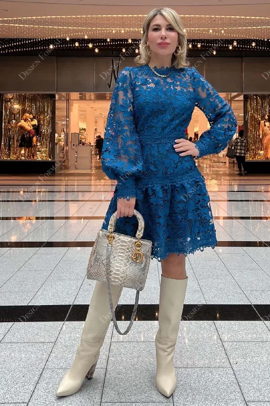 Royal Blue Lace Illusion Bell Sleeves Knee Length Crafted Prom Dress Tunics Cozy comfortable Royal Blue Lace Illusion Bell Sleeves Knee Length Crafted Prom Dress Tunics Cozy comfortable