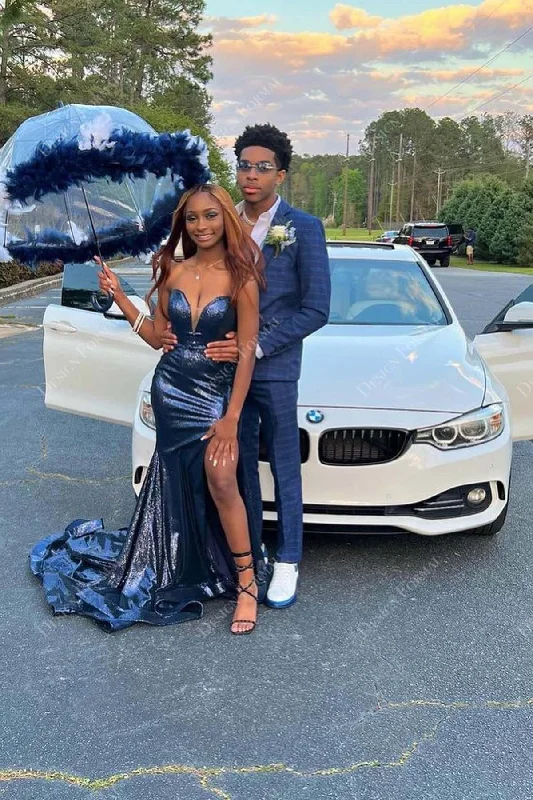 Navy Glitter Strapless Plunging Slit Prom Dress Tunics Chic elegant