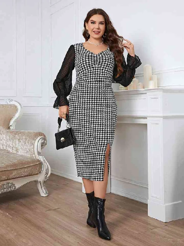 Plus Size Houndstooth Flounce Sleeve Slit Dress Tunics Hiking breathable